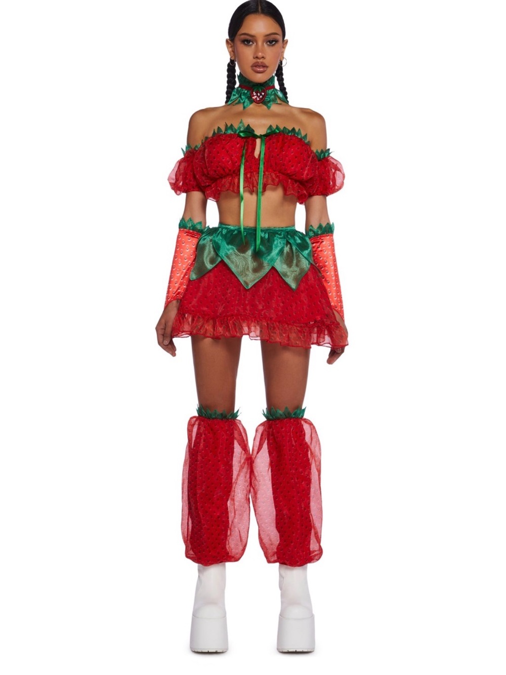 Dolls Kill Red & Green Strawberry Crop Top Skirt Costume